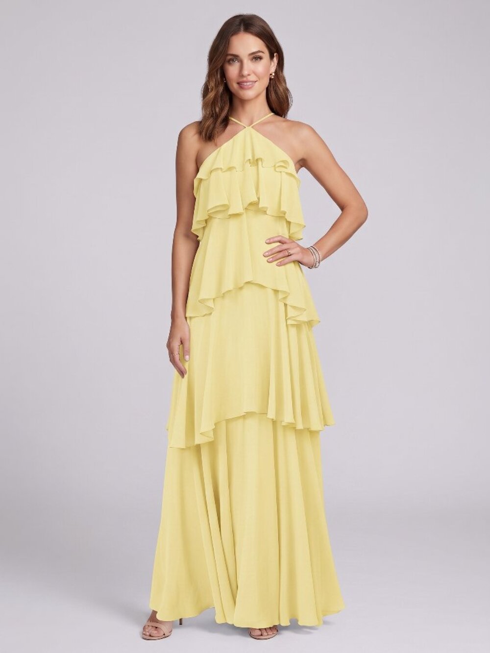 Women's Yellow Halter Tiered Chiffon Maxi Dress Wedding Guest Formal Party Gown - Picture 2 of 4